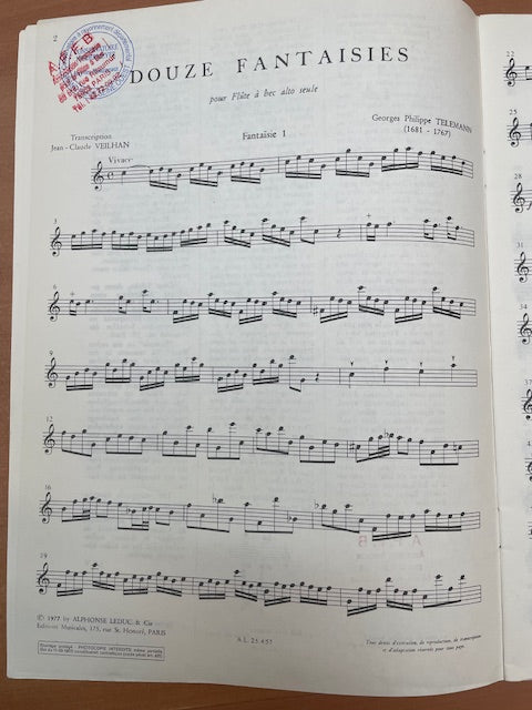 Telemann 12 fantaisies pour flûte à bec alto-3000 partitions, livres et vinyles d'occasion en vente sur notre site internet gastonmusicclub.fr Gaston Music Store