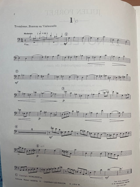 Julien Porret 12 novelettes pour Trombone ou basson ou violoncelle et piano-3000 partitions, livres et vinyles d'occasion en vente sur notre site internet gastonmusicclub.fr Gaston Music Store
