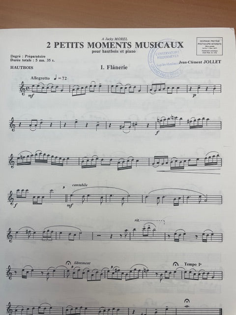 Jean Clément Jollet 2 petits moments musicaux pour hautbois et piano-3000 partitions, livres et vinyles d'occasion en vente sur notre site internet gastonmusicclub.fr Gaston Music Store