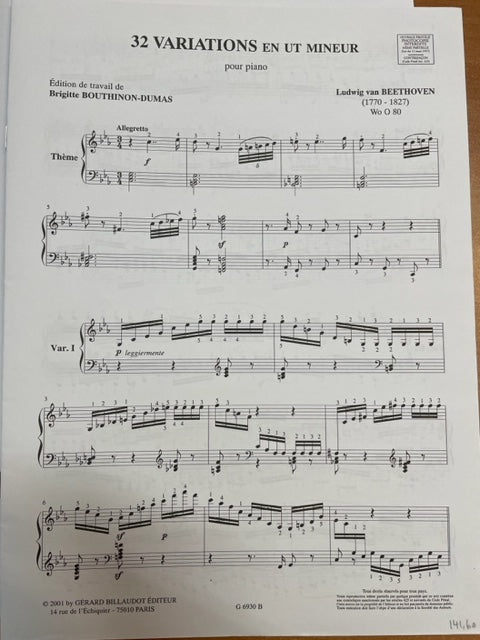 Beethoven 32 variations en ut mineur partition piano + analyse- 3000 partitions, livres et vinyles d'occasion en vente sur notre site internet gastonmusicclub.fr Gaston Music Store