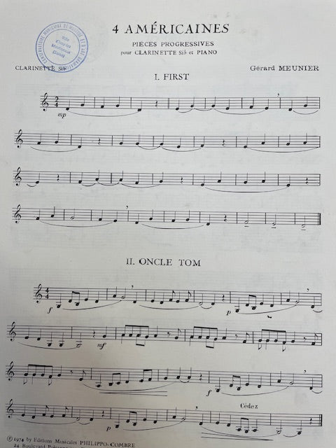 Gérard Meunier 4 américaines pièces progressives pour clarinette et piano-3000 partitions, livres et vinyles d'occasion en vente sur notre site internet gastonmusicclub.fr Gaston Music Store