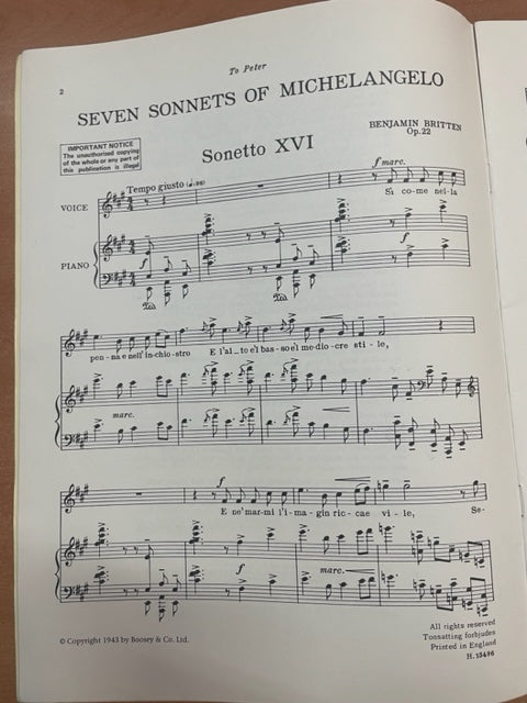 Benjamin Britten Seven sonnets of Michelangelo opus 22 for tenor voice and piano
