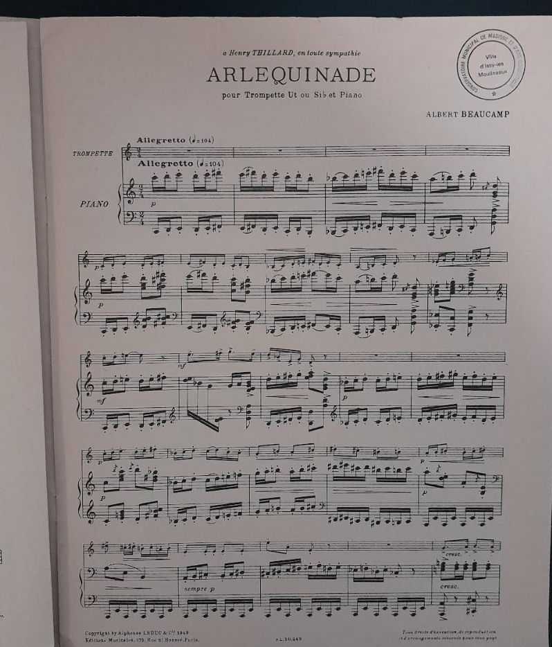 Albert Beaucamp Arlequinade pour trompette en Ut (ou sib) et piano