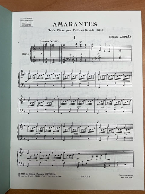 Bernard Andrès Amarantes - 3 pièces pour petite ou grande harpe- 3000 partitions, livres et vinyles d'occasion en vente sur notre site internet gastonmusicclub.fr Gaston Music Store
