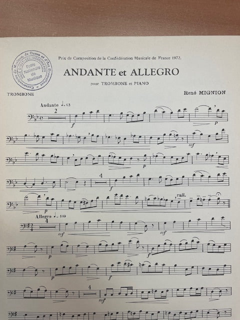 René Mignon Andante et allegro pour trombone et piano-3000 partitions, livres et vinyles d'occasion en vente sur notre site internet gastonmusicclub.fr Gaston Music Store