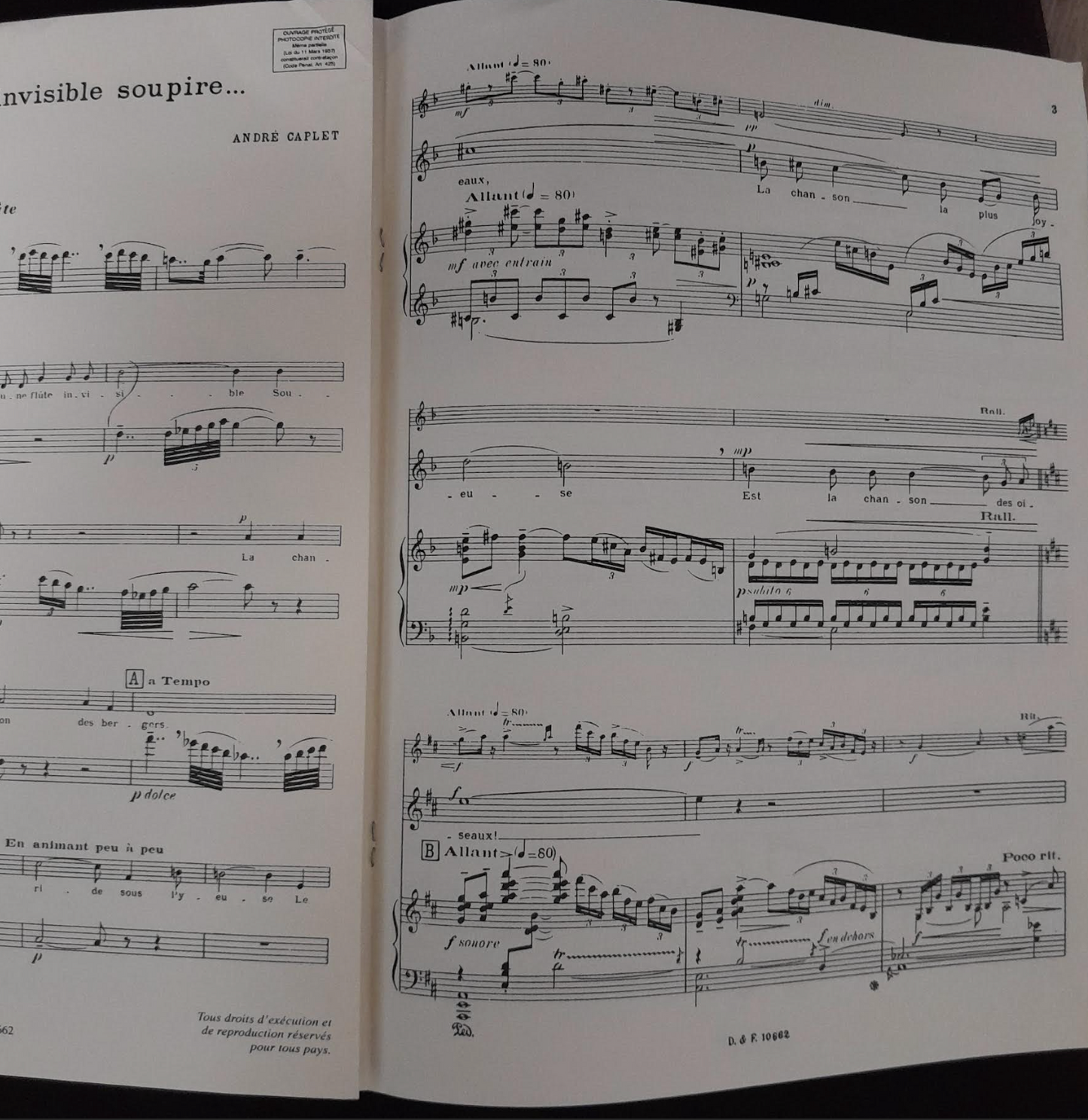 André Caplet Viens! Une flûte invisible soupire... Partition pour Chant, flûte et piano