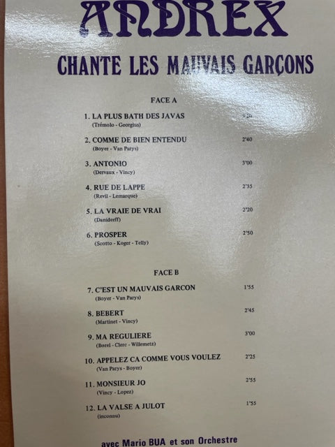 Vinyle Andrex chante les mauvais garçons- 3000 partitions, livres et vinyles d'occasion en vente sur notre site internet gastonmusicclub.fr Gaston Music Store