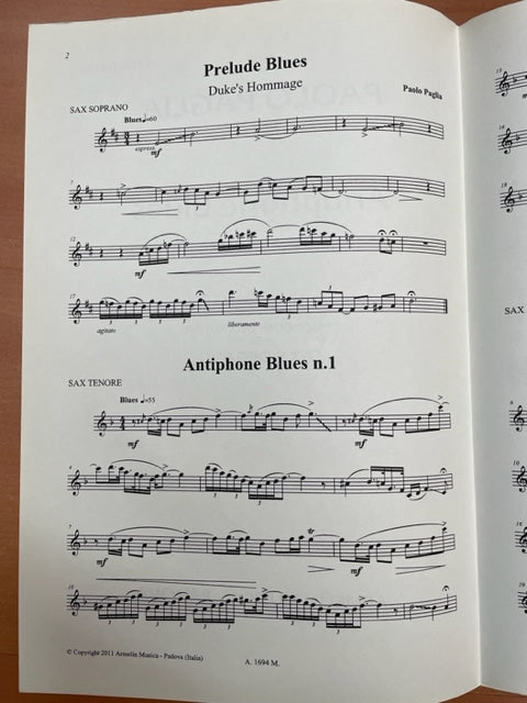 Paolo Paglia Antiphone Blues : Omaggio a Duke Ellington - trascrizione dell'autore per sax e organo - 3000 partitions, livres et vinyles d'occasion en vente sur notre site internet gastonmusicclub.fr Gaston Music Store