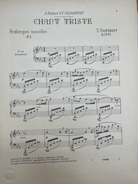 Serge Youferoff Arabesques nouvelles n°1 - Chant triste opus 39 n°1 partition piano- 3000 partitions, livres et vinyles d'occasion en vente sur notre site internet gastonmusicclub.fr Gaston Music Store