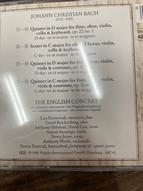 CD Johann Christian Bach 3 Quintets - Sextet in C major The English Concert- 3000 partitions, livres et vinyles d'occasion en vente sur notre site internet gastonmusicclub.fr Gaston Music Store