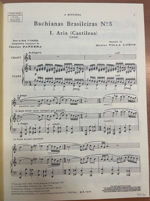 Heitor Villa-Lobos Bachianas Brasileiras n°5 : Aria - Dansa pour chant et piano - 3000 partitions, livres et vinyles d'occasion en vente sur notre site internet gastonmusicclub.fr Gaston Music Store