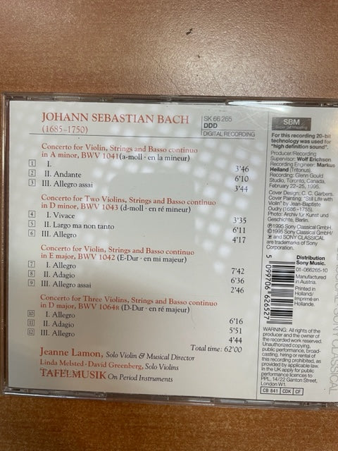 CD J.S Violin concertos BWV 1041 - 1043 - 1042 - 1064R Jeanne Lamon