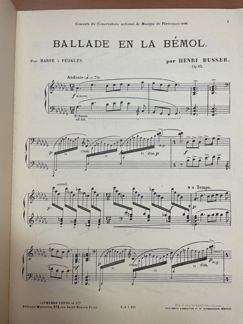 Henri Busser Ballade en la bémol pour harpe à pédales-3000 partitions, livres et vinyles d'occasion en vente sur notre site internet gastonmusicclub.fr Gaston Music Store