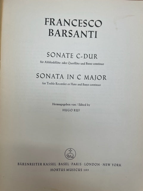 Francesco Barsanti Sonate en Do Majeur pour flute à bec ou flute traversière et piano