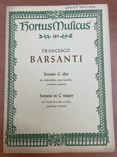 Francesco Barsanti Sonate en Do Majeur pour flute à bec ou flute traversière et piano