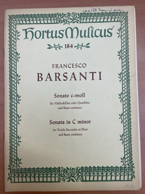 Francesco Barsanti Sonate en Do Mineur pour flute à bec ou flute et piano