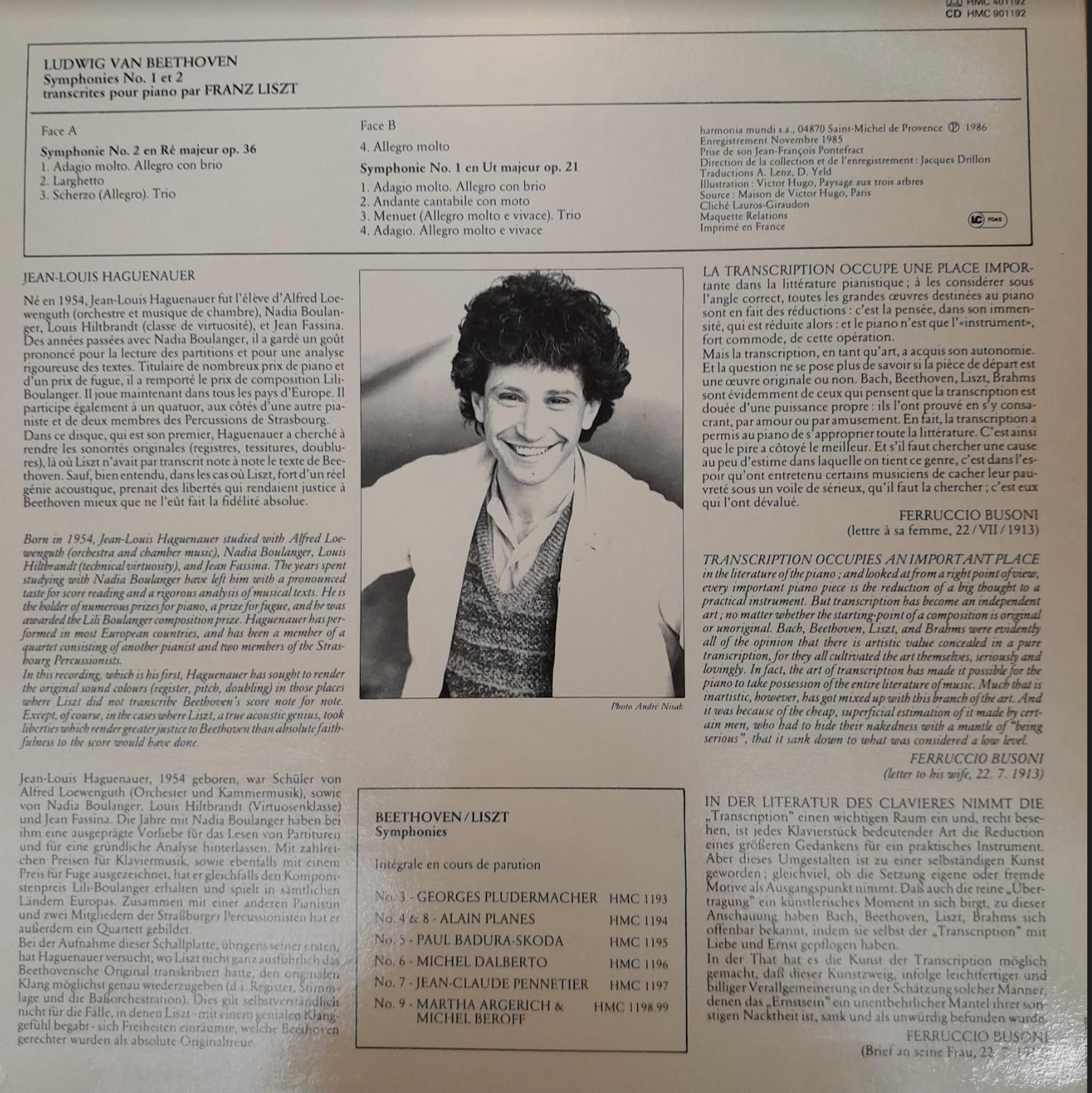 Vinyle Beethoven - Liszt Jean-Louis Haguenauer Symphonies n° 1 et 2 transcrites pour piano-3000 partitions, livres et vinyles d'occasion en vente sur notre site internet gastonmusicclub.fr Gaston Music Store