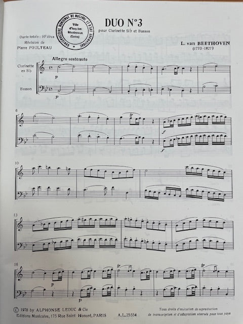 Beethoven Duo n°3 pour clarinette sib et basson-3000 partitions, livres et vinyles d'occasion en vente sur notre site internet gastonmusicclub.fr Gaston Music Store