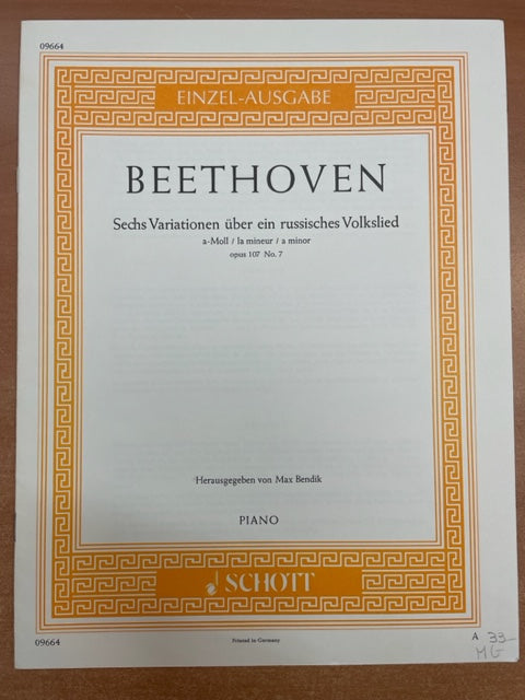 Beethoven 6 Variationen über ein russisches Volkslied en la mineur op.107 n°7- 3000 partitions, livres et vinyles d'occasion en vente sur notre site internet gastonmusicclub.fr Gaston Music Store