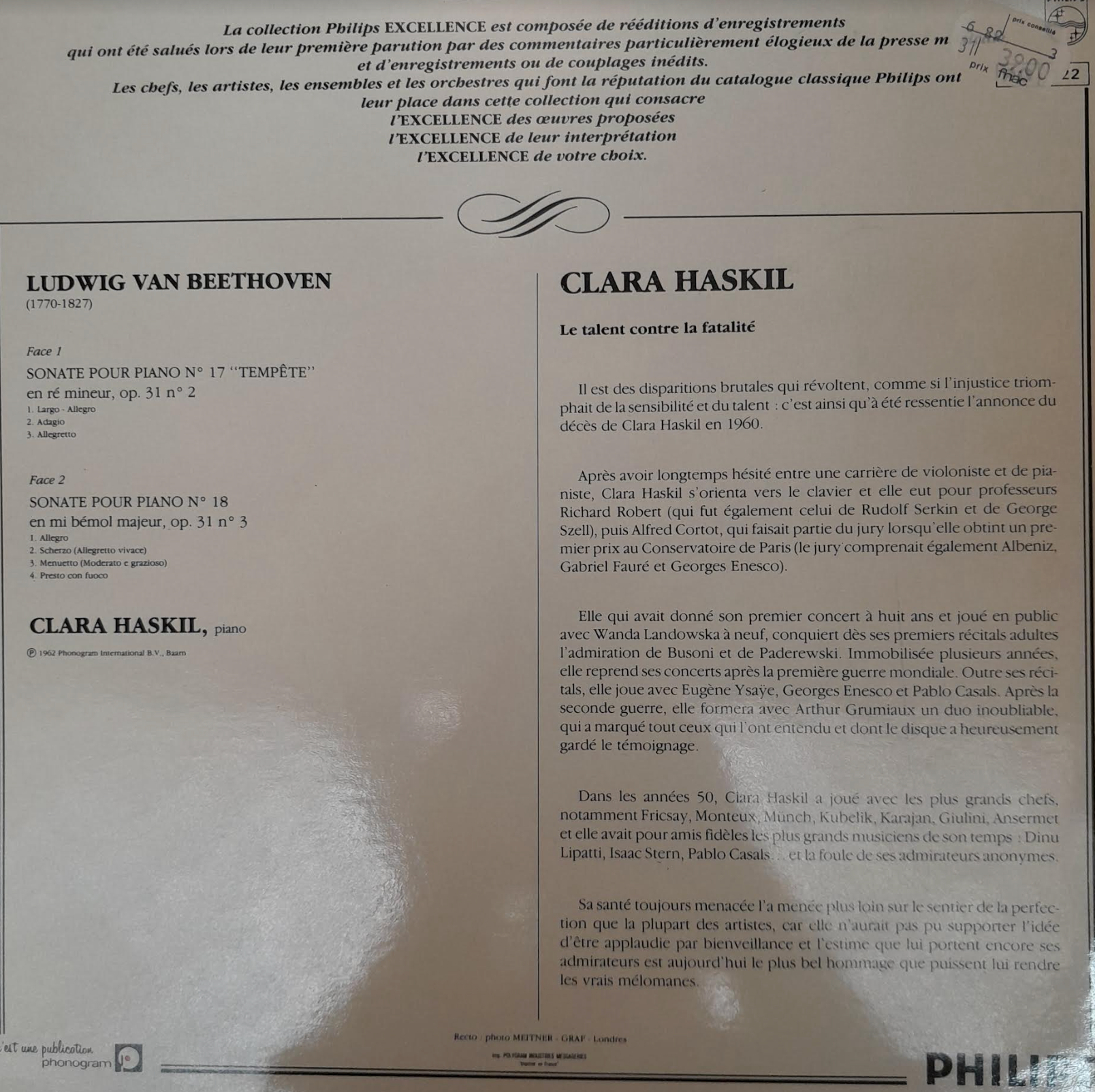 Vinyle Beethoven Clara Haskil au piano Sonates pour piano n°17 "Tempête" et n° 8-3000 partitions, livres et vinyles d'occasion en vente sur notre site internet gastonmusicclub.fr Gaston Music Store