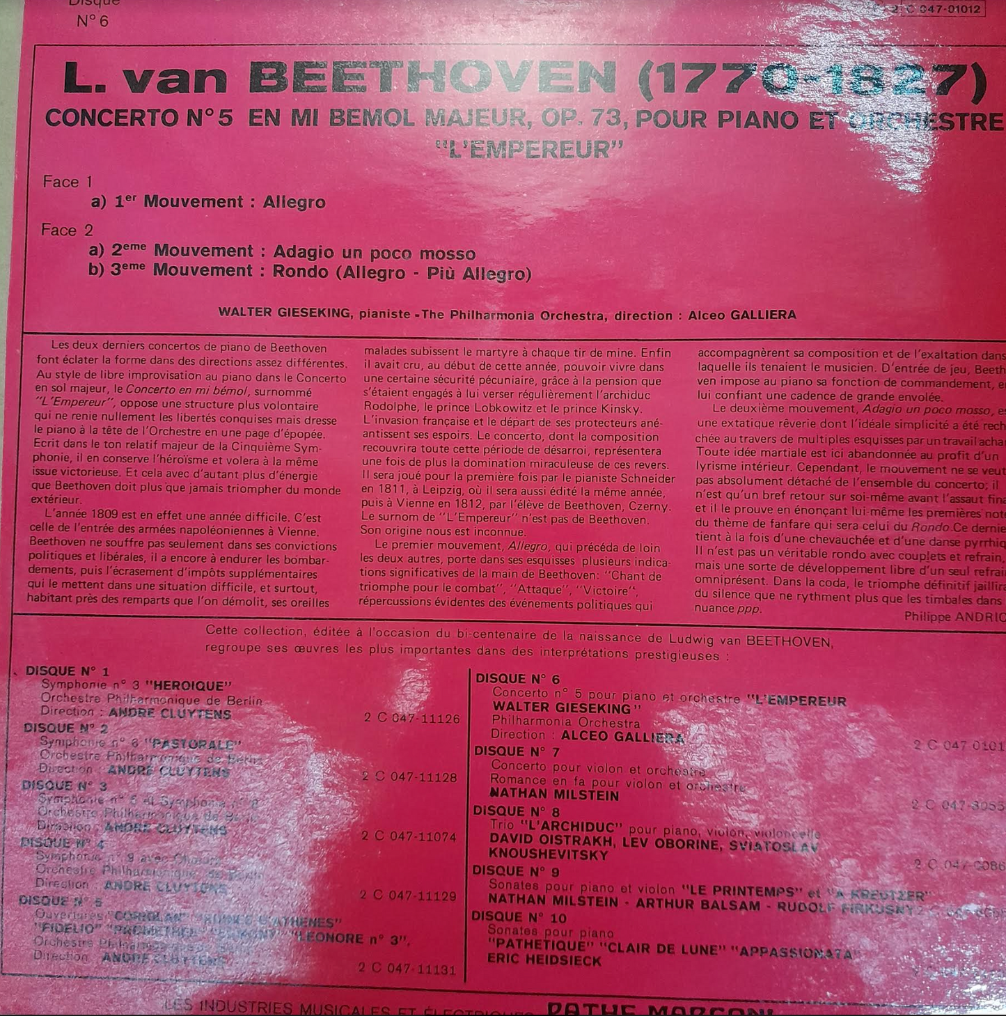 Vinyle Beethoven Walter Gieseking Concerto n°5 pour piano et orchestre "L'empereur"-3000 partitions, livres et vinyles d'occasion en vente sur notre site internet gastonmusicclub.fr Gaston Music Store