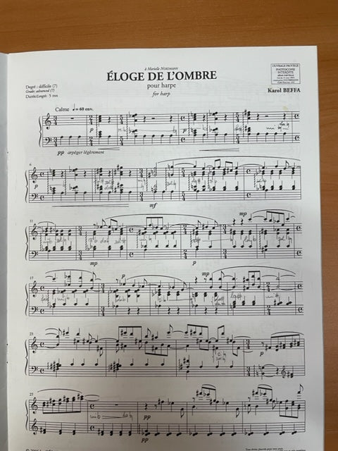 Karol Beffa Eloge de l'ombre pour harpe -3000 partitions, livres et vinyles d'occasion en vente sur notre site internet gastonmusicclub.fr Gaston Music Store