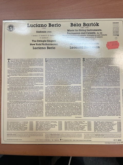 Vinyle Berio Sinfonia et Bartok Music for Strings, Percussion and Celesta-3000 partitions, livres et vinyles d'occasion en vente sur notre site internet gastonmusicclub.fr Gaston Music Store