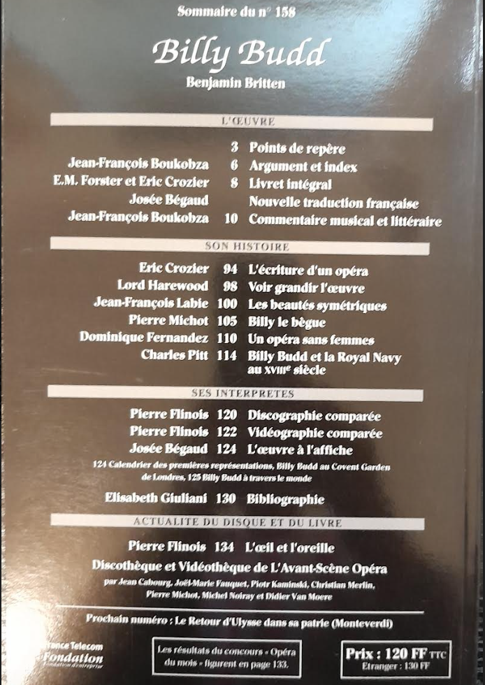 Britten Billy Budd. Revue "Avant-scène" n°158-3000 partitions, livres et vinyles d'occasion en vente sur notre site internet gastonmusicclub.fr Gaston Music Store