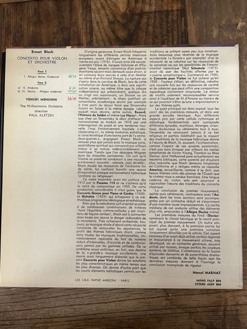 Vinyle Bloch Ernest Concerto pour violon et orchestre- 3000 partitions, livres et vinyles d'occasion en vente sur notre site internet gastonmusicclub.fr Gaston Music Store
