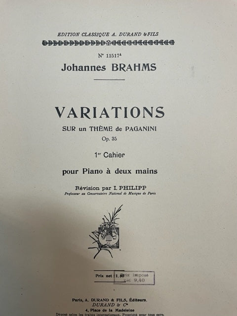 Johannes Brahms Variations sur un thème de Paganini opus 35, 1er cahier partition piano- 3000 partitions, livres et vinyles d'occasion en vente sur notre site internet gastonmusicclub.fr Gaston Music Store