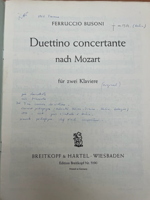 Busoni Duettino concertante Mozart partition pour 2 pianos-3000 partitions, livres et vinyles d'occasion en vente sur notre site internet gastonmusicclub.fr Gaston Music Store