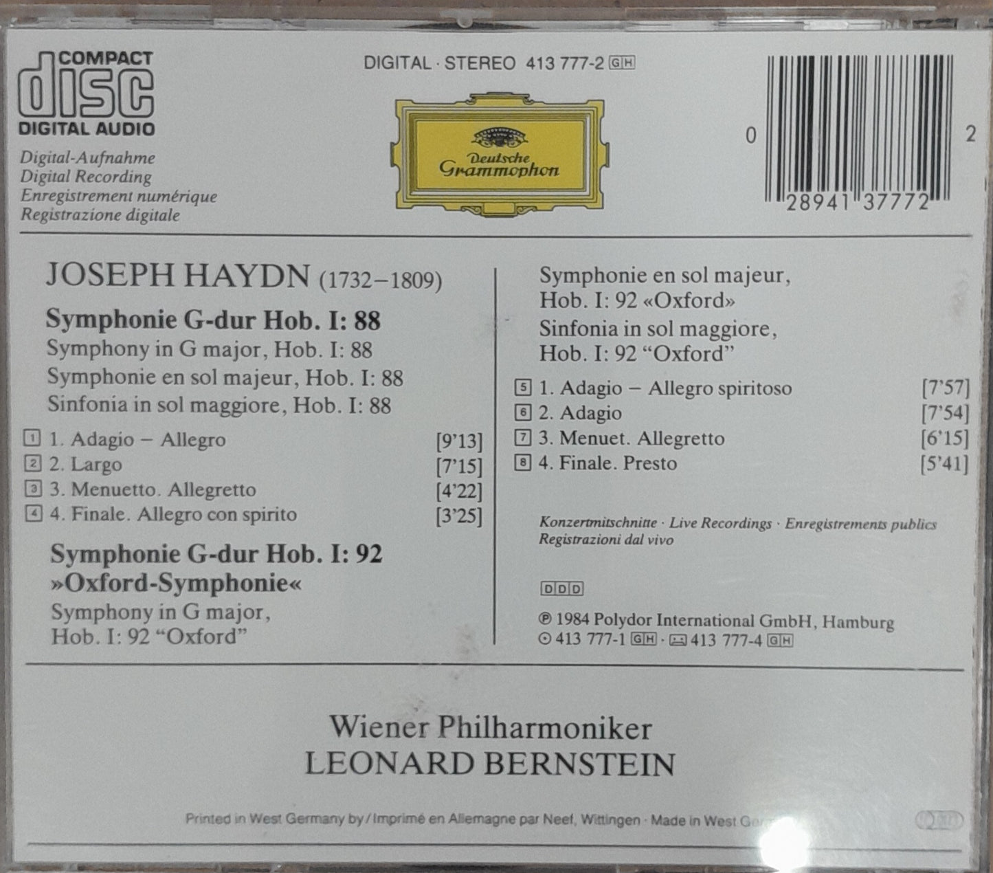 CD Leonard Bernstein Joseph Haydn Symphonie n°92 "Oxford" / Symphonie n° 88 en sol