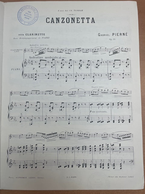 Pierné Canzonetta pour clarinette et piano-3000 partitions, livres et vinyles d'occasion en vente sur notre site internet gastonmusicclub.fr Gaston Music Store