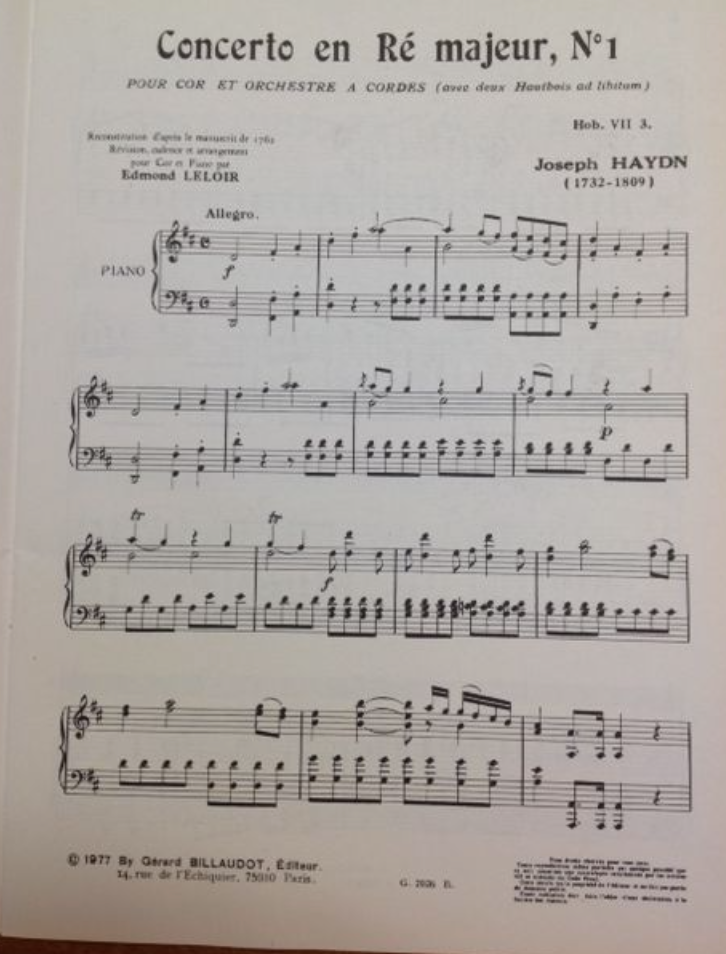 Joseph Haydn Réduction piano du Concerto en ré majeur n° 1 pour cor et orchestre (Hob VII 3)