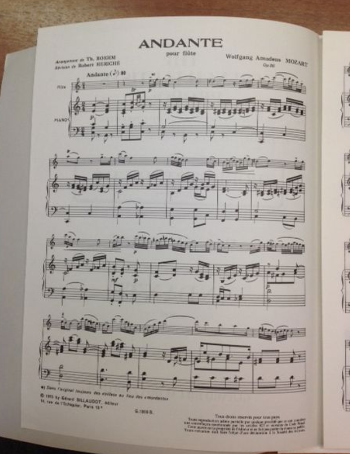 Mozart Andante opus 86 pour flûte et piano, partition