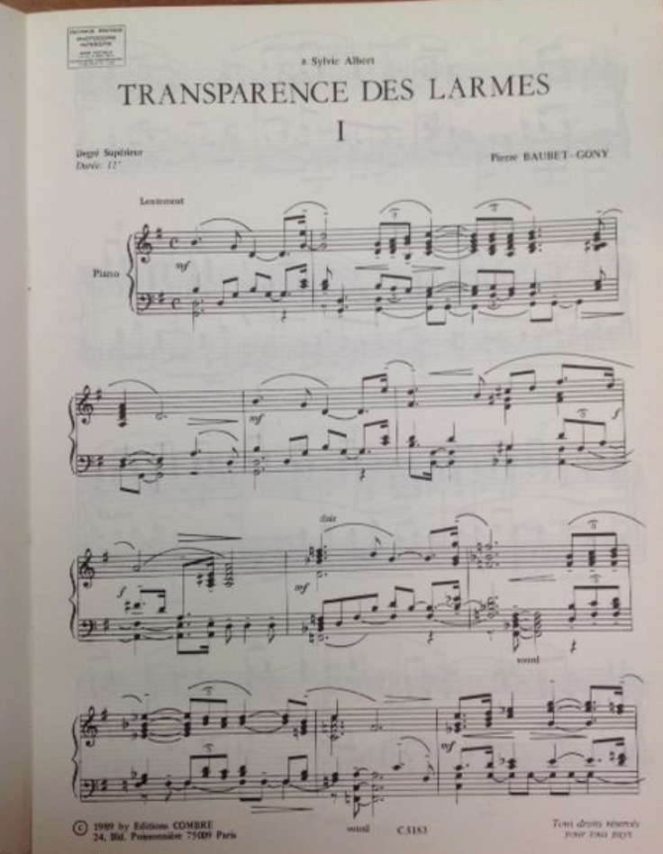 Pierre Baubet-Gony Transparence des larmes partition pour piano