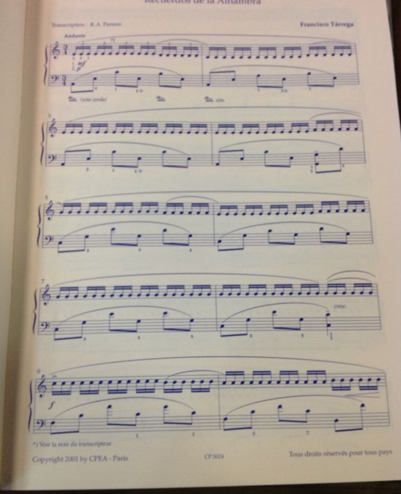 Francisco Tarrega Recuerdos de la Alhambra partition pour piano