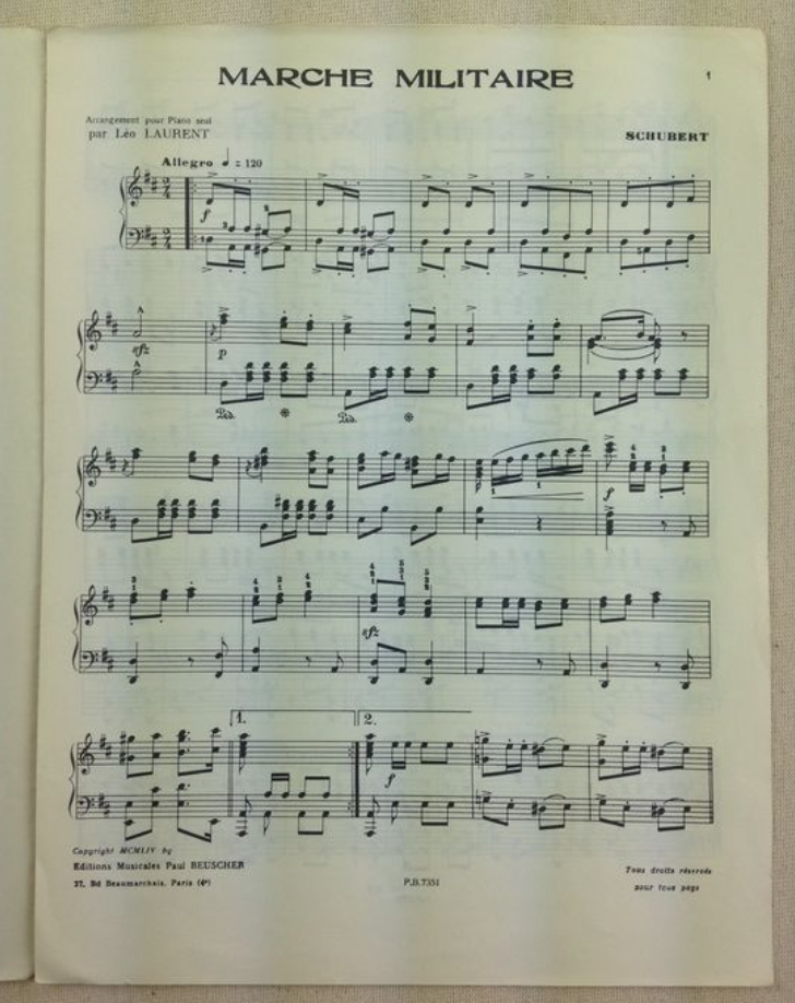 Schubert Franz Marche militaire, partition pour piano- 3000 partitions, livres et vinyles d'occasion en vente sur notre site internet gastonmusicclub.fr Gaston Music Store