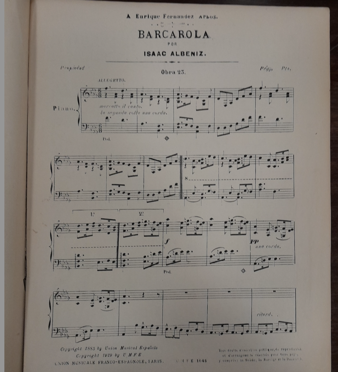 Isaac Albeniz Barcarola opus 23 partition piano- 3000 partitions, livres et vinyles d'occasion en vente sur notre site internet gastonmusicclub.fr Gaston Music Store