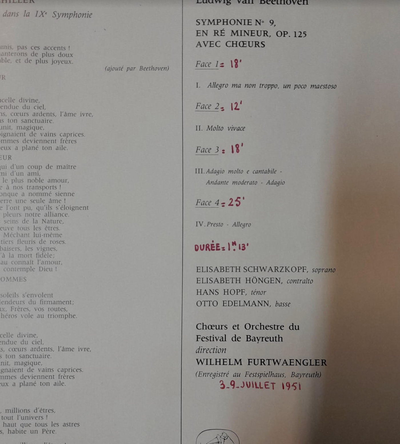 Vinyle Beethoven Symphonie n°9 avec choeurs dirigé par Fürtwängler