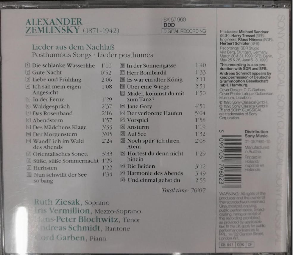 CD Alexander Zellinsky Lieder aus dem Nachlass - Lieder posthumes
