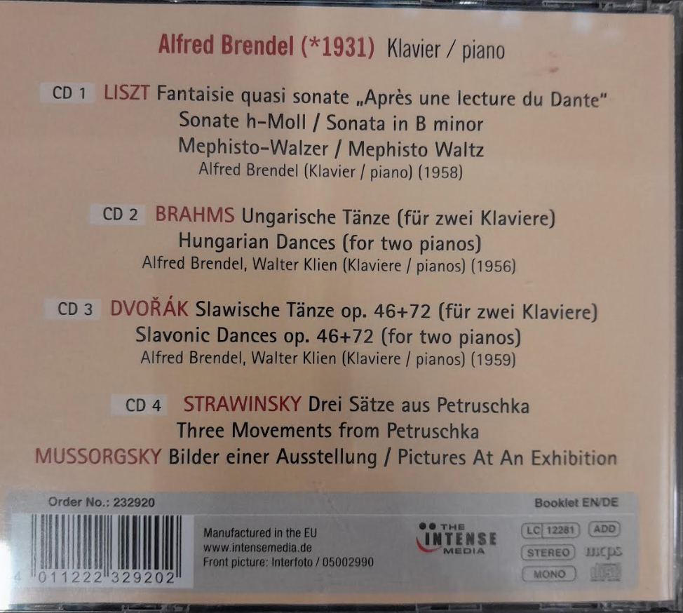 Coffret 4 CD Liszt - Brahms - Dvorak - Stravinsky - Moussorggsky par Alfred Brendel, piano-3000 partitions, livres et vinyles d'occasion en vente sur notre site internet gastonmusicclub.fr Gaston Music Store