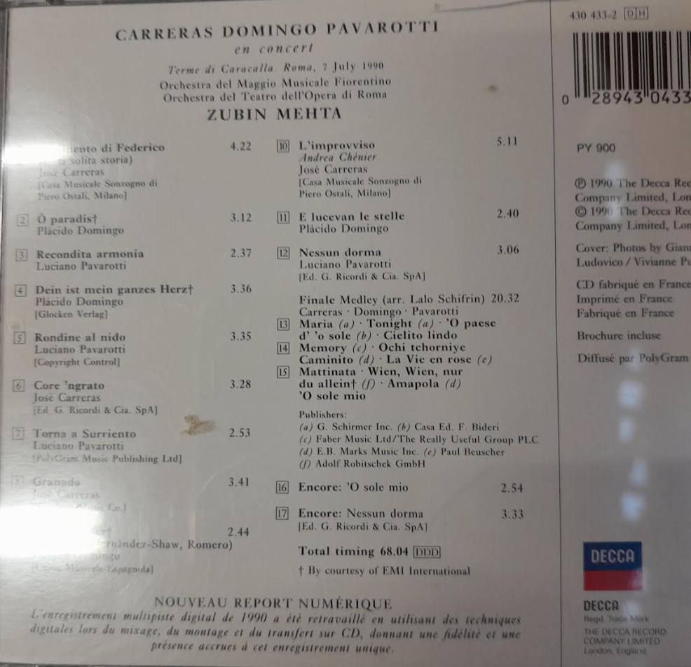 CD Carreras - Domingo - Pavarotti en concert-3000 partitions, livres et vinyles d'occasion en vente sur notre site internet gastonmusicclub.fr Gaston Music Store