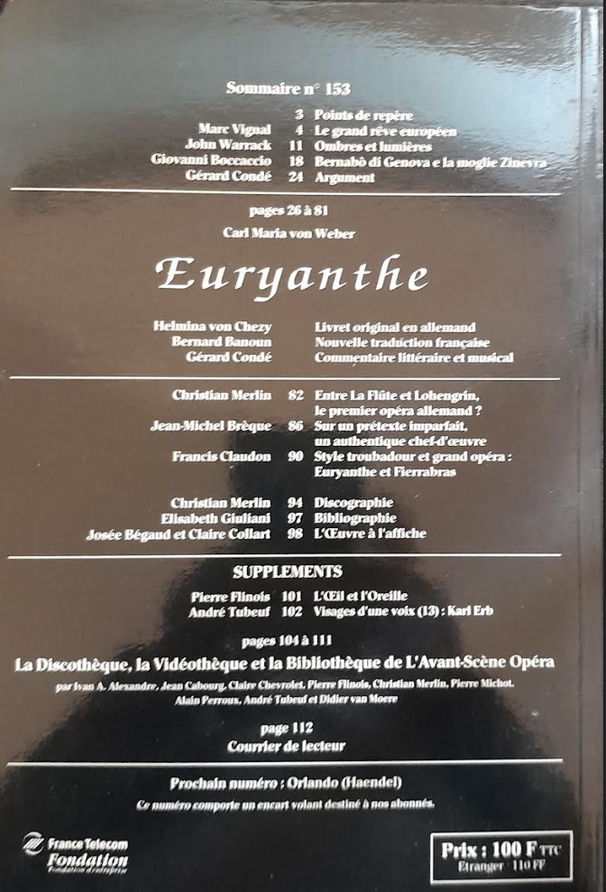 Revue "Avant-Scène" Opéra n° 153: Euryanthe Weber- 3000 partitions, livres et vinyles d'occasion en vente sur notre site internet gastonmusicclub.fr Gaston Music Store