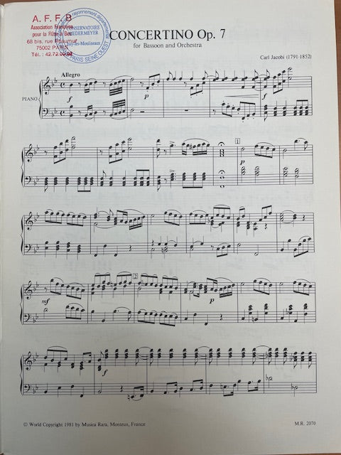 Carl Jacobi Concertino opus 7 for Bassoon and piano reduction-3000 partitions, livres et vinyles d'occasion en vente sur notre site internet gastonmusicclub.fr Gaston Music Store
