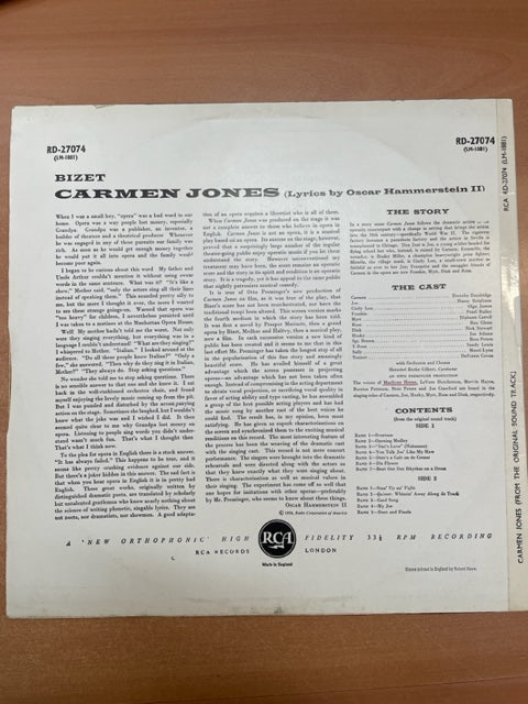 Vinyle Georges Bizet Carmen Jones Dorothy Dandridge et Harry Belafonte- 3000 partitions, livres et vinyles d'occasion  en vente sur notre site internet gastonmusicclub.fr Gaston Music Stor