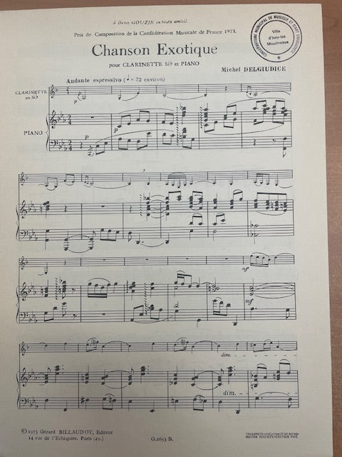 Michel Delgiudice Chanson exotique pour clarinette et piano-3000 partitions, livres et vinyles d'occasion en vente sur notre site internet gastonmusicclub.fr Gaston Music Store