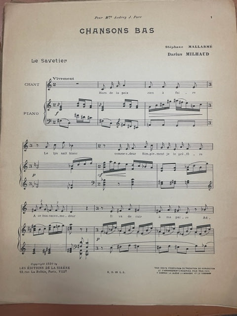 Darius Milhaud Chansons pour chant et piano - 3000 partitions, livres et vinyles d'occasion en vente sur notre site internet gastonmusicclub.fr Gaston Music Store