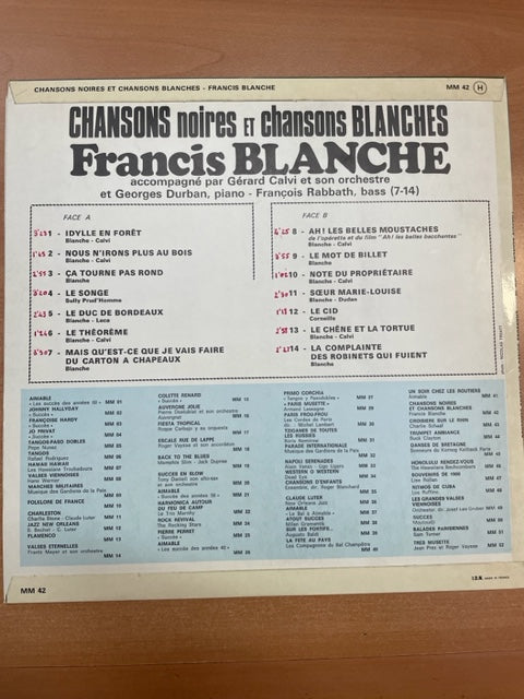Vinyle Chansons noires et chansons blanches de Francis Blanche-3000 partitions, livres et vinyles d'occasion en vente sur notre site internet gastonmusicclub.fr Gaston Music Store