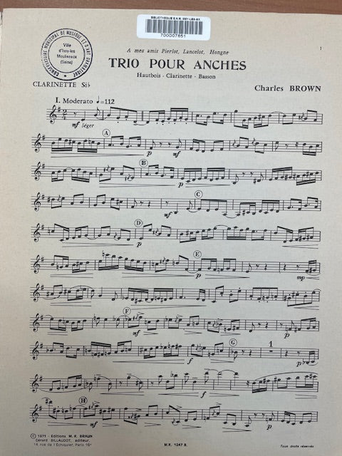 Charles Brown Trio pour anches Hautbois, Clarinette et Basson -3000 partitions, livres et vinyles d'occasion en vente sur notre site internet gastonmusicclub.fr Gaston Music Store
